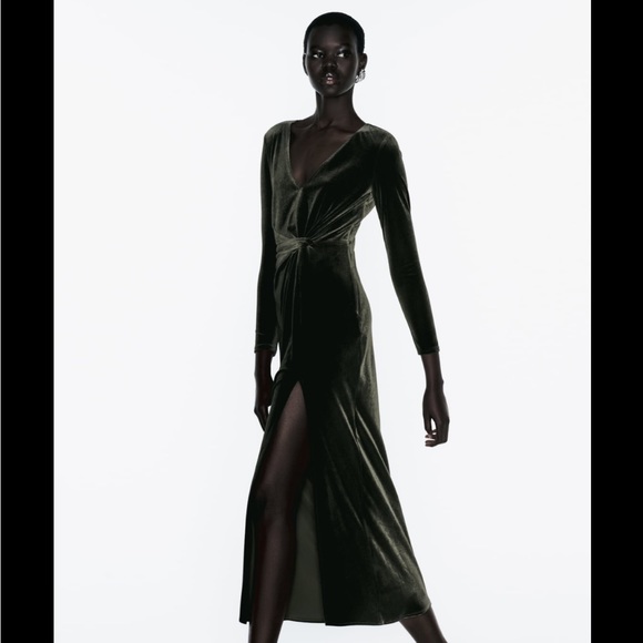 NWT! Zara Knotted Velvet Midi Dress - Size XL (Runs Small!) - Picture 4 of 9